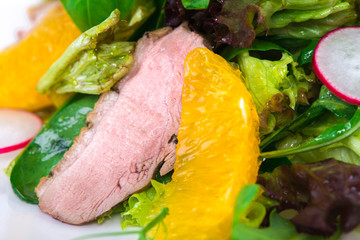 green salad with duck fillet orange and red radish on the white plate