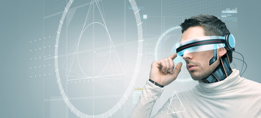 man with futuristic 3d glasses and sensors
