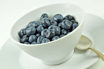 Blueberries in a Bowl / close up of a white bowl with fresh blueberries on a white background, slanted, horizontal