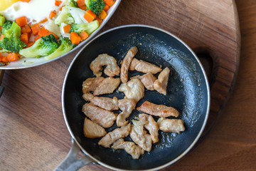 Slices of fried meat in a frying pan