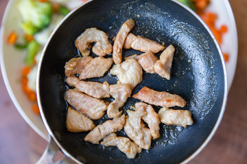 Slices of fried meat in a frying pan