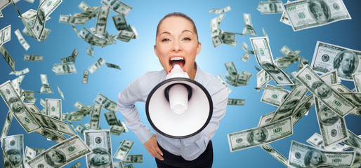 screaming businesswoman with megaphone and money