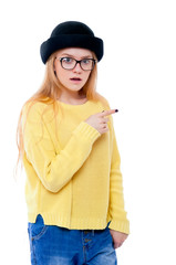 Hipster girl pointing finger to the right