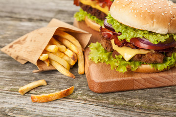 Delicious hamburger and fries