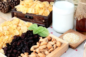 Corn flake with currant dried fruit ,cashew nuts and milk.