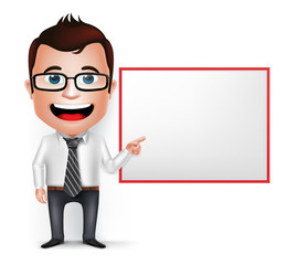 3D Realistic Businessman Cartoon Character with with White Board