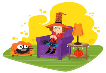 Witch Knitting - Cute witch is knitting a spider web for her pet spider. Eps10