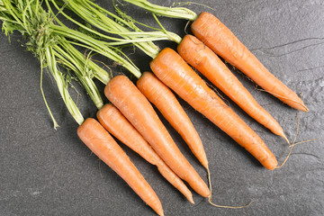 Fresh raw carrots on black slate with complete stems