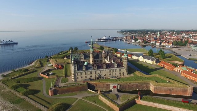 Aerial view of the old castle Kronborg located in Helsingoer, Denmark