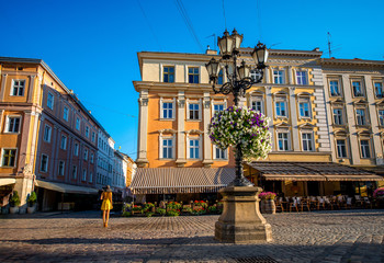 Colorful buildings on market square in Lviv city