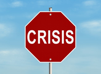 Crisis. Road sign on the sky background. Raster illustration.