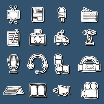 Set of stickers in hand drawn catroon style on journalism theme