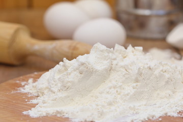Dough preparation. Baking ingredients: egg and flour.