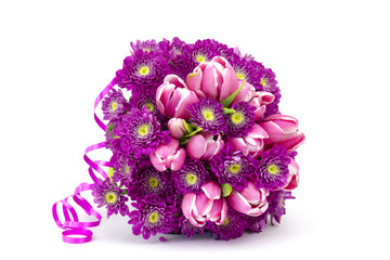 Bouquet made of tulips and chrysanthemum flowers