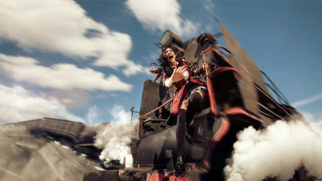 Crying woman is holding onto the derailment locomotive.
