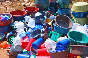 A pile of plastic goods in the market of Pomerini village in Tan