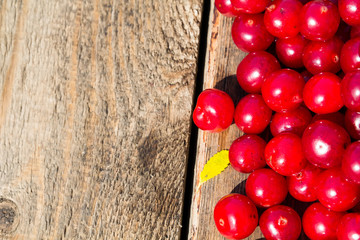 Appetizing red cherries on a wooden background. With copyspace a