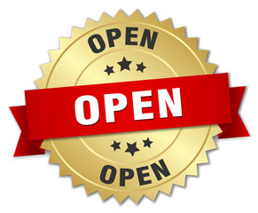 open 3d gold badge with red ribbon