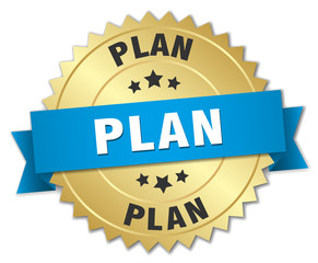 plan 3d gold badge with blue ribbon