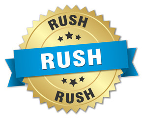 rush 3d gold badge with blue ribbon