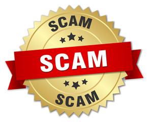 scam 3d gold badge with red ribbon