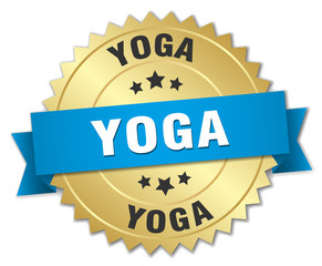 yoga 3d gold badge with blue ribbon