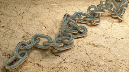 Heavy steel chain on a cracked ground surface background 3d illustration.
