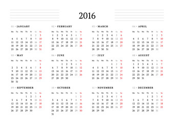 Simple Calendar for 2016. 12 Months. Week Starts Monday