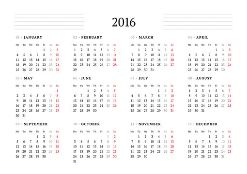 Simple Calendar for 2016. 12 Months. Week Starts Monday