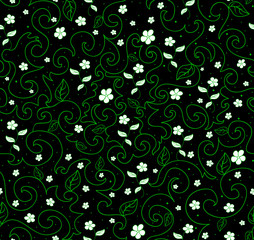 Fototapeta na wymiar Vector seamless pattern with green leaves and white flowers