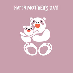 Sticker, card with happy mother and child panda