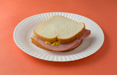 Honey ham sandwich on a paper plate