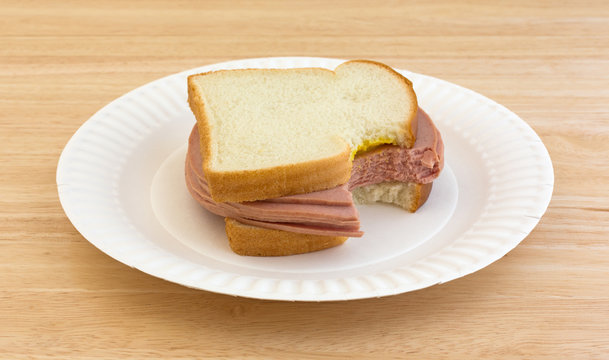 Large bitten bologna sandwich on paper plate