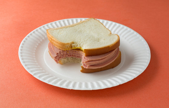 Large bitten bologna sandwich with mustard