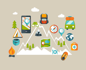 Hiking equipment info graphics,mountain icons, Vector.