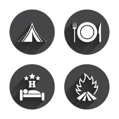Food, sleep, camping tent and fire signs.