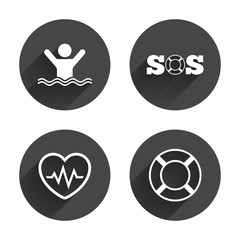 SOS lifebuoy icon. Heartbeat cardiogram.