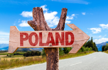 Fototapeta premium Poland wooden sign with road background