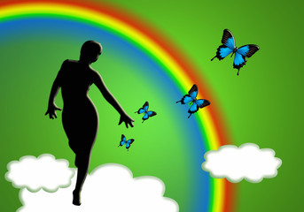 Fototapeta na wymiar Primavera, mujer, arco iris, mariposas, fondo, nubes