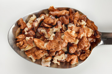 walnuts close-up in a metal spoon