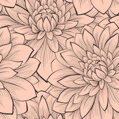 Beautiful seamless pattern with blooming dahlias closeup.