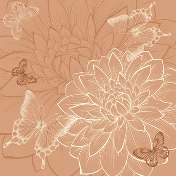 beautiful background with flowers dahlia and butterflies