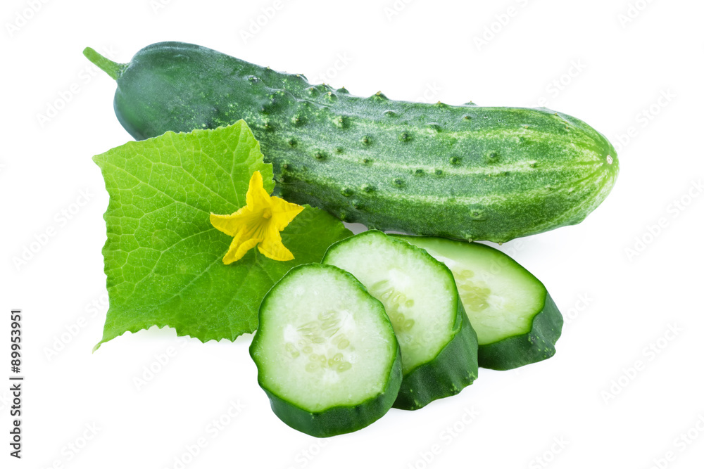 Wall mural Cucumber cut slices isolated on white