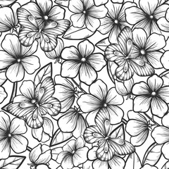 Beautiful black and white seamless background with branches of flowering trees and butterflies.