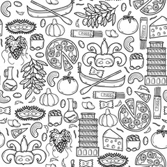Seamless background with cartoon objects in hand drawn outline