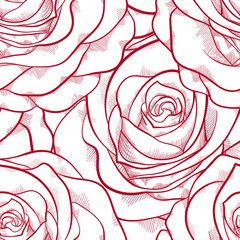 red and white seamless pattern in roses with contours.