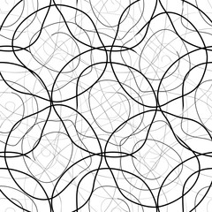 Black circles and lines on a white background. Seamless.