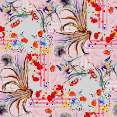 Flowers , stripes, watercolor spots. Seamless. - 89955305