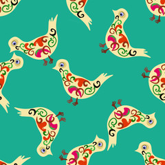Beautiful birds in folk style over green background.