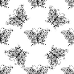 Black graphic of a butterfly on a white background.Seamless.
